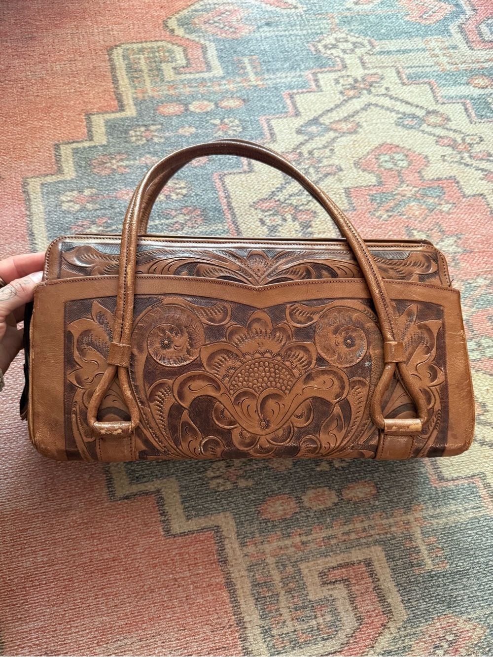 Vintage Hand-Tooled Brown Leather Satchel